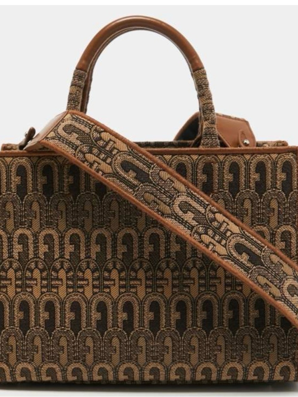 Furla Brown and Tan Monogram Jacquard Opportunity Tote  with Detachable Strap